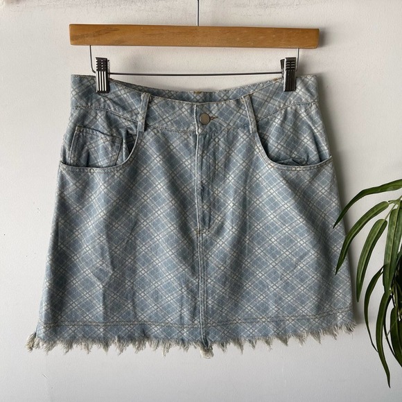 Storia Skirt Womens Large Blue White Windowpane Checkered Mini Denim Summer - Picture 1 of 5